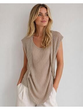 Discreet Beige Open-Knit Draped Tunic Top Small • Versatile